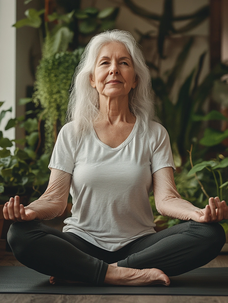 Жінка поважного віку практикує йогу в спокійній атмосфері